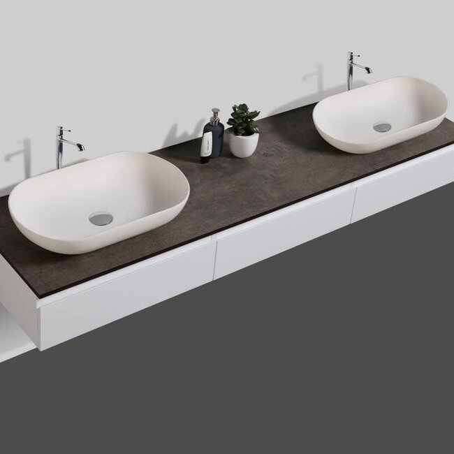 Como Badkamermeubel  set 180 cm  mat wit-eiken + Led spiegel+ 2 mineraal gegoten waskommen