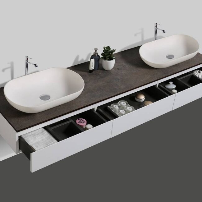 Como Badkamermeubel  set 180 cm  mat wit-eiken + Led spiegel+ 2 mineraal gegoten waskommen