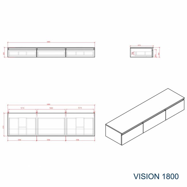 Como Badkamermeubel  set 180 cm  mat wit-eiken + Led spiegel+ 2 mineraal gegoten waskommen
