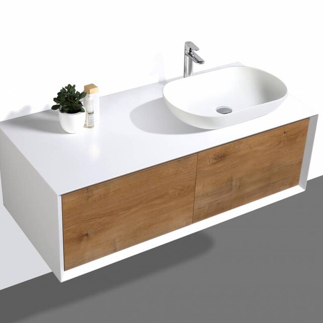 Como  LECCO , Badkamermeubel  set 120 cm  eiken kleur-mat wit + Led spiegel+ Mineraal gegoten opzetwastafel, Push to Open functie