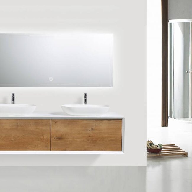 Como  LECCO, Badkamermeubel  set 160 cm  eiken-mat wit + Led spiegel+ Mineraal gegoten opzetwastafel, Push to Open functie