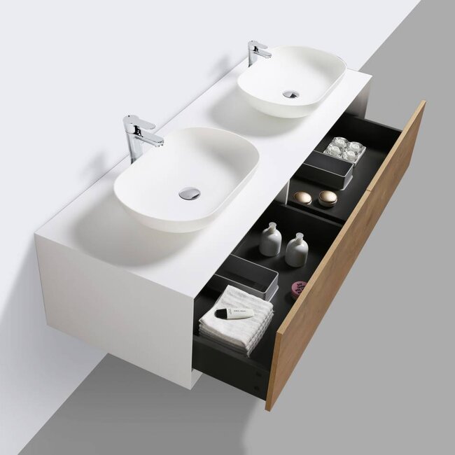 Como  LECCO, Badkamermeubel  set 160 cm  eiken-mat wit + Led spiegel+ Mineraal gegoten opzetwastafel, Push to Open functie