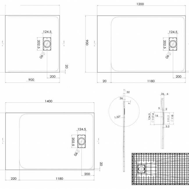 Sanitear 90x90 cm Antislip ,structuur surface met douchebak douchebakafvoer