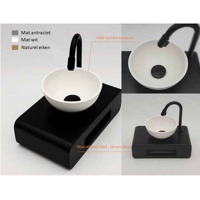 Como Solid surface waskom met massief houten blad 40 x 24 cm zwart