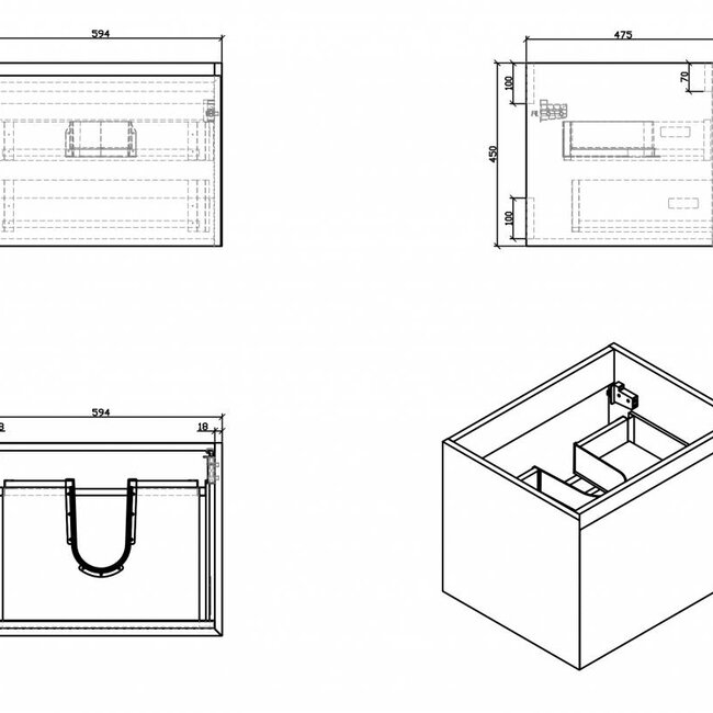 Como Wastafel onderkast  60 cm , LADE in Lade  met cast marmer wastafel