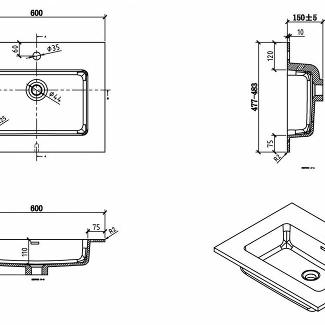 Como Wastafel onderkast  60 cm , LADE in Lade  met cast marmer wastafel