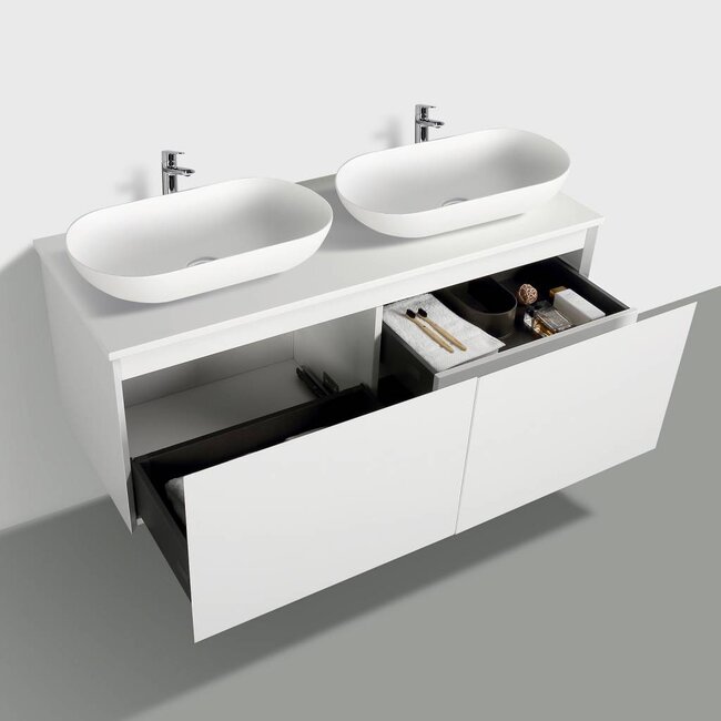 Como Wastafel onderkast  120 cm , LADE in Lade  met 2 x solid surface waskommen + solid surface topblad