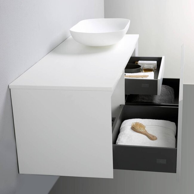 Como Wastafel onderkast  120 cm , LADE in Lade  met 2 x solid surface waskommen + solid surface topblad