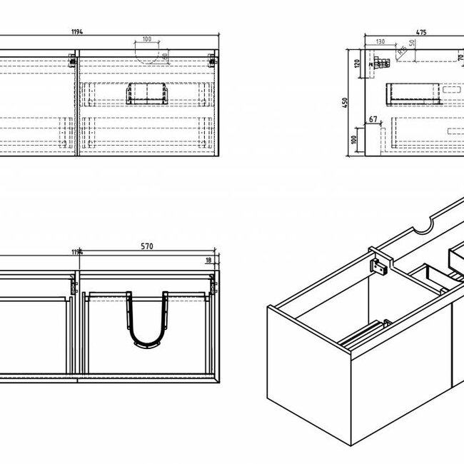 Como Wastafel onderkast  120 cm , LADE in Lade  met 2 x solid surface waskommen + solid surface topblad