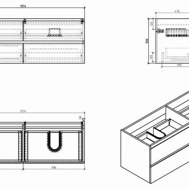 Como Wastafel onderkast  120 cm , 4 laden met mineraal gegoten wastafel, mat wit