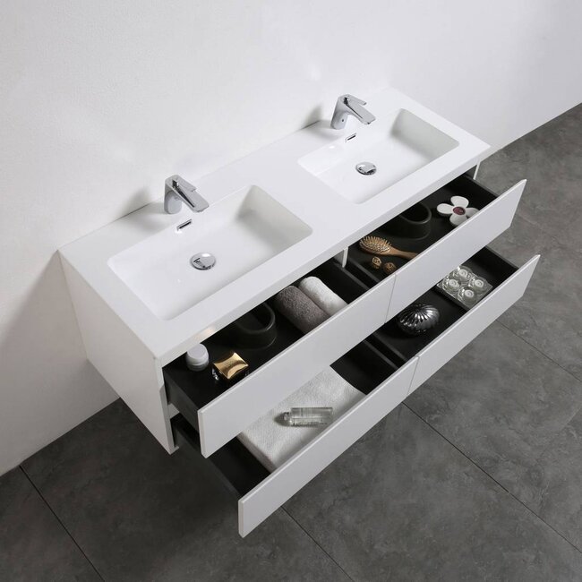Como Wastafel onderkast  140 cm , 4 laden met mineraal gegoten wastafel, Hoogglans wit