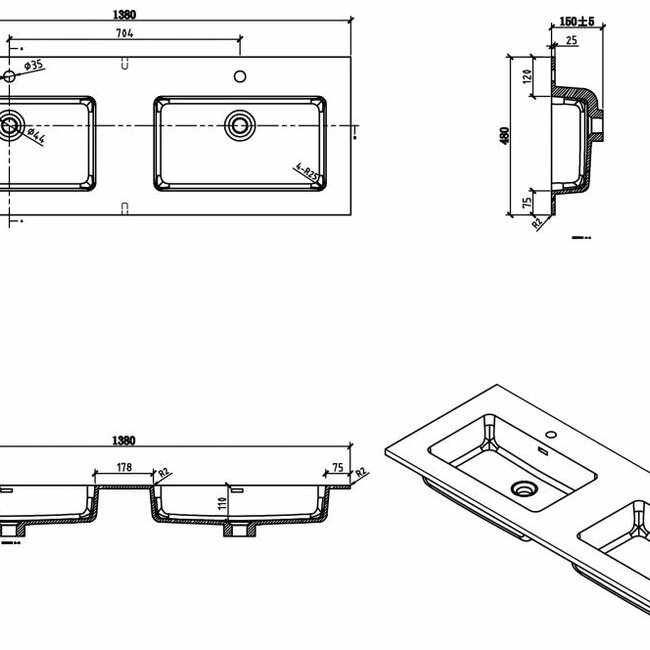 Como Wastafel onderkast  140 cm , 4 laden met mineraal gegoten wastafel, Hoogglans wit