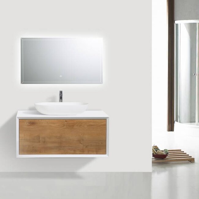 Como LECCO , Badkamermeubel  set 90 cm  eiken-mat wit + Led spiegel+ Mineraal gegoten opzetwastafel, Push to Open functie