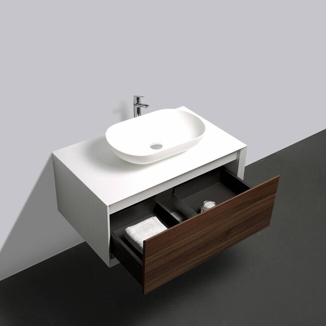 Como COMO LECCO , Badkamermeubel  set 90 cm  walnoot kleur-mat wit + Led spiegel+ Mineraal gegoten opzetwastafel, Push to Open functie