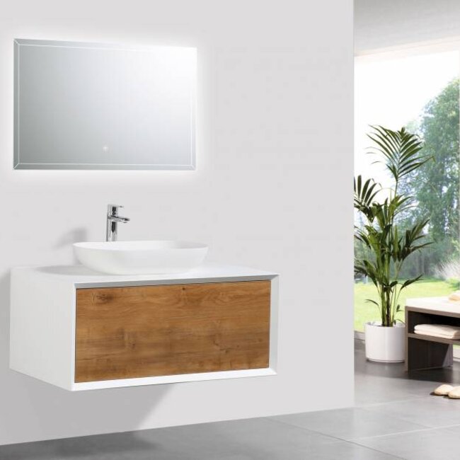 Como LECCO wastafelonderkast 90 cm  eiken kleur-mat wit, Push to Open functie