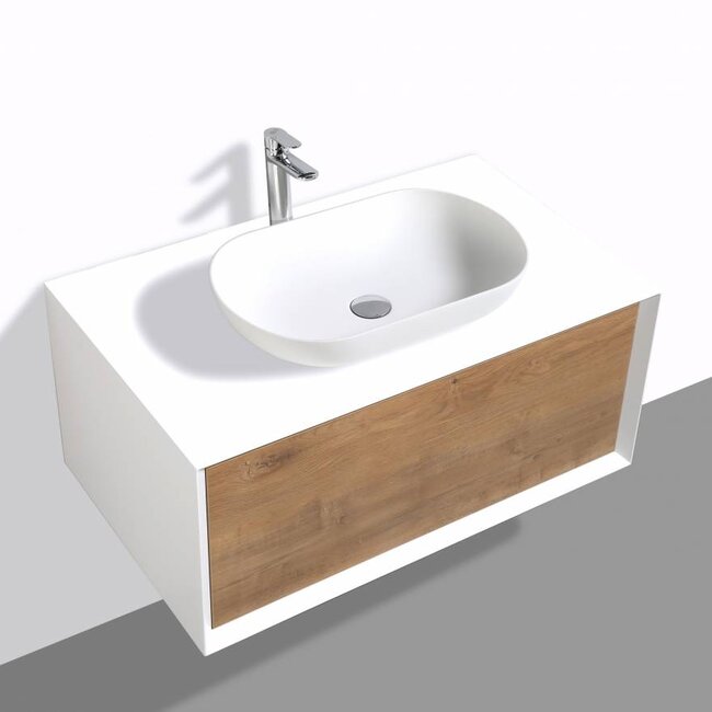 Como LECCO wastafelonderkast 90 cm  eiken kleur-mat wit, Push to Open functie