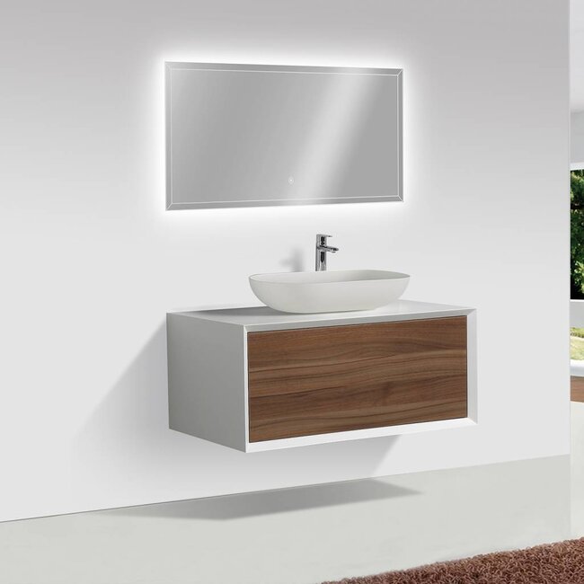 Como LECCO wastafelonderkast 90 cm  walnoot kleur-mat wit -mat wit, Push to Open functie