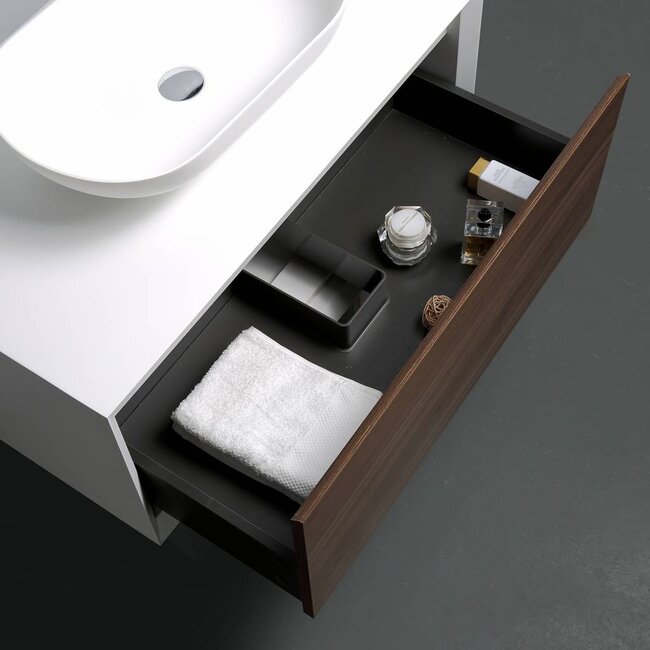 Como LECCO wastafelonderkast 90 cm  walnoot kleur-mat wit -mat wit, Push to Open functie