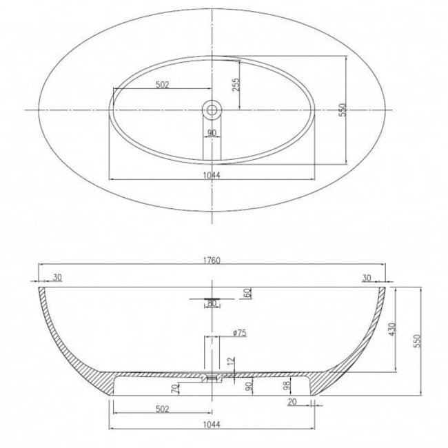 Como CREA Vrijstaand ligbad Solid surface & Stone 176 x 103 x 55 cm