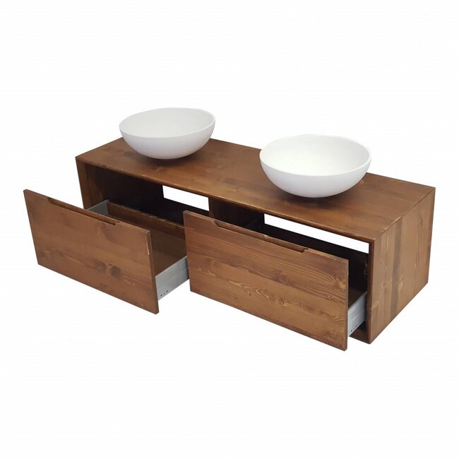 Como Wood wastafelonderkast hout 130cm met greeploze laden in 45 graden verstek