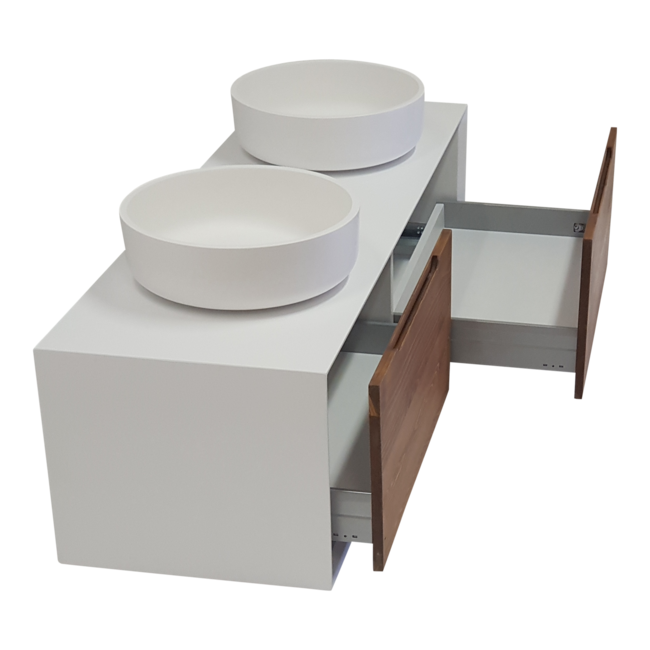 Como Lecco Wood CLW160 badkamermeubel 160 cm wit mat met greeploze massief houten laden