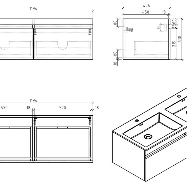 Sanitear  badkamermeubel set 120 cm aanbieding. Mineraal marmer wasbakken met led verlichting