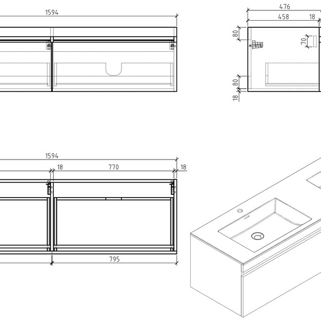 Sanitear  badkamermeubel set 160 cm aanbieding. Mineraal marmer wasbakken met led verlichting