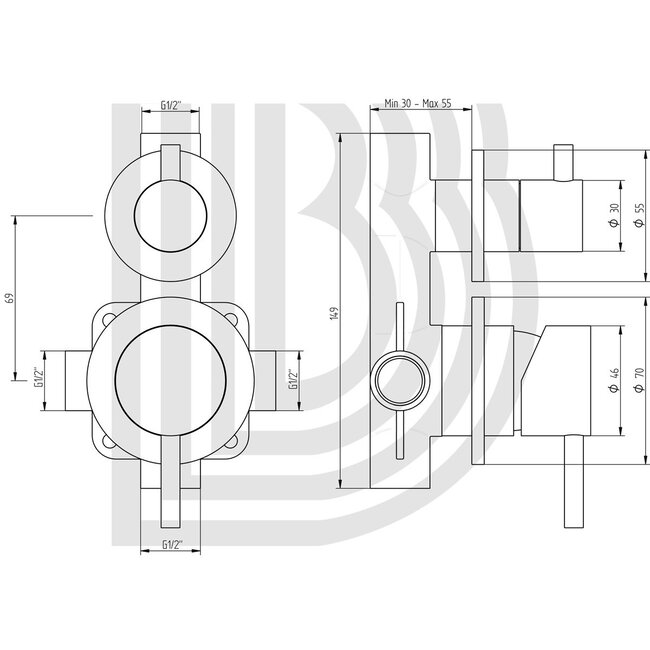 2 weg inbouw douche mengkraan, geborsteld 316 RVS