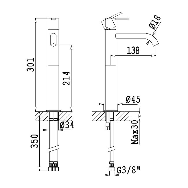 RVS wastafelkraan hoog