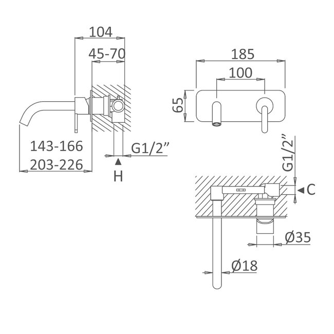 RVS inbouw wastafelkraan met inbouwdeel
