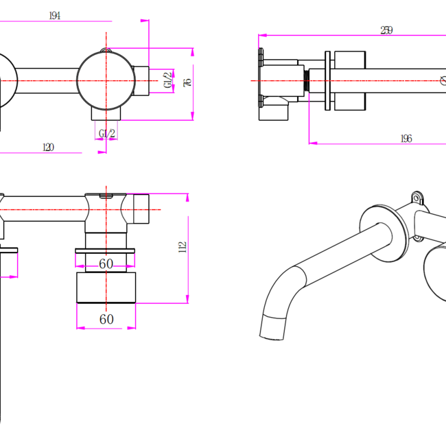 Como inbouw wastafelkraan Mood 60. 20 cm uitloop. Goud PVD-afbouwdeel met inbouwdeel