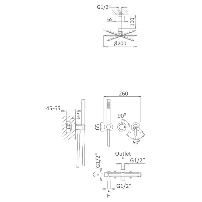 Flow 316 AISI RVS inbouw doucheset plafond