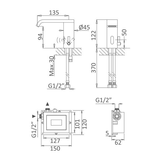 elektronische wastafelkraan met infrarood sensor 240 V, laag model