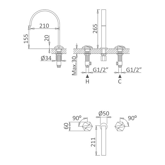 Utopia 3-gats progressieve wastafelkraan inox kraangat in het blad