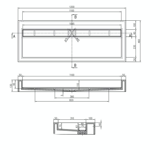 Sanitear Ophang wastafel solid surface 120 x 46 x 13 cm