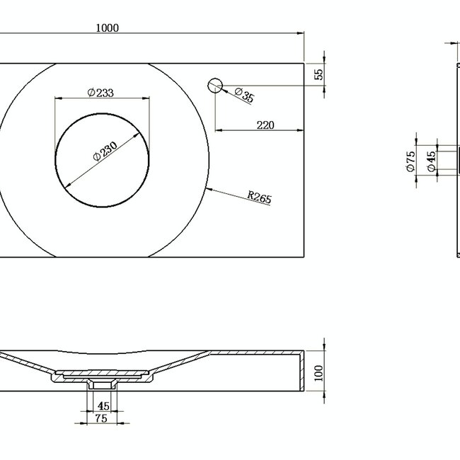 Sanitear Ophang wastafel solid surface 100 x 48 x 10 cm