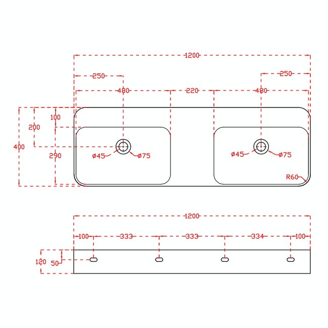 Sanitear Ophang wastafel solid surface 120x40x12cm mat wit