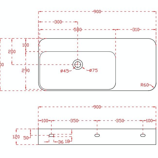 Sanitear Ophang wastafel solid surface 90x40x12cm mat wit