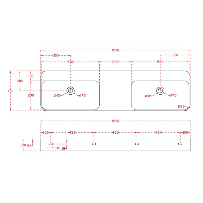 Sanitear Ophang wastafel solid surface 150x40x12cm mat wit