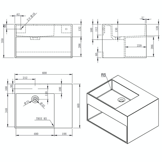 Sanitear ophang wastafel met storage 60 x 46 x 35 cm
