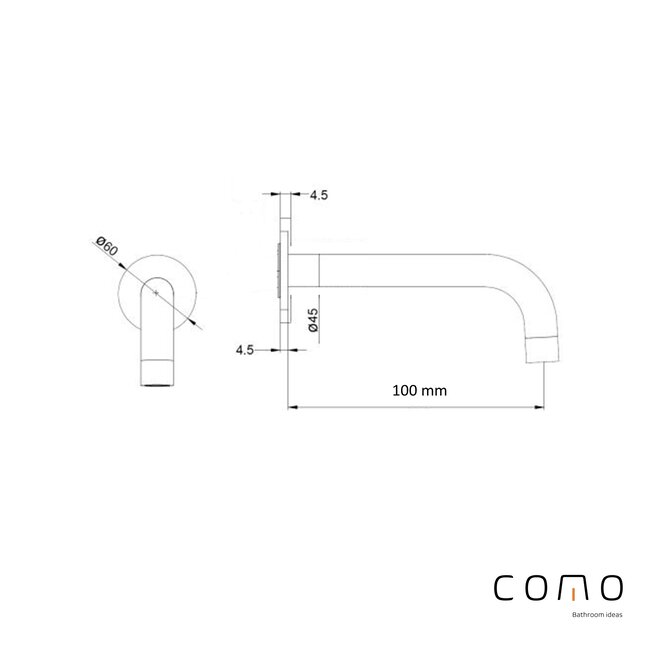 Como fonteinkraan Mood60 inbouw wastafel geborsteld nikkel-RVS PVD, 10cm gebogen uitloop met inbouwdeel