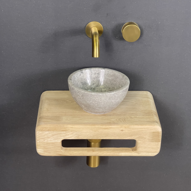Como Fonteinset toilet Tundra, natuursteen waskom met eiken hout plank
