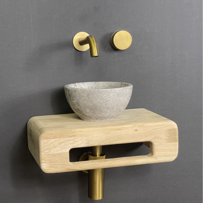 Como Fonteinset toilet Tundra, natuursteen waskom met eiken hout plank