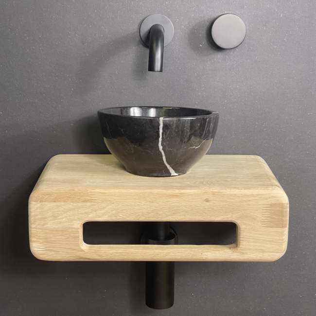 Como Fonteinset toilet Bliksem met eiken hout plank 12 x 24 x 42 cm. Incl. Mood 60 wastafelkraan inbouw met sifon en clickwaste in mat zwart.