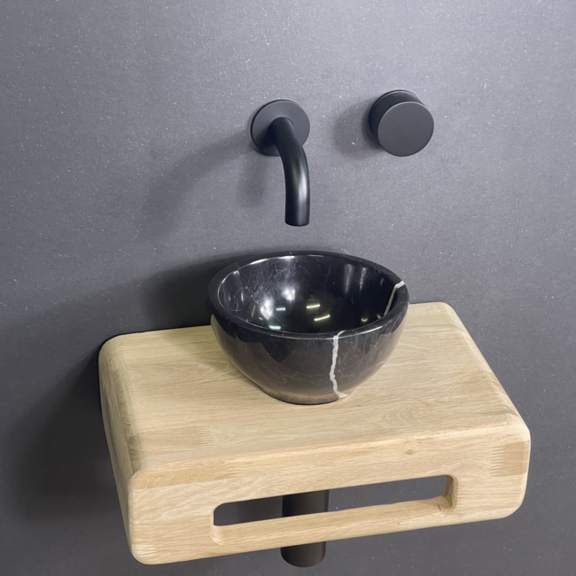 Como Fonteinset toilet Bliksem met eiken hout plank 12 x 24 x 42 cm. Incl. Mood 60 wastafelkraan inbouw met sifon en clickwaste in mat zwart.