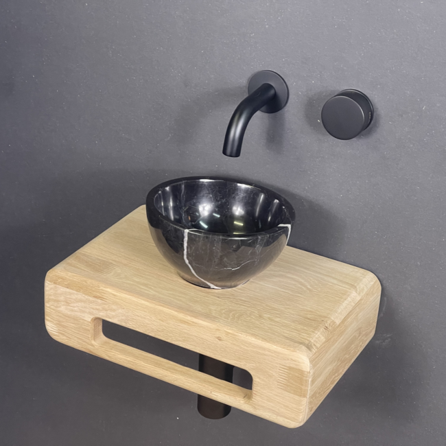 Como Fonteinset toilet Bliksem met eiken hout plank 12 x 24 x 42 cm. Incl. Mood 60 wastafelkraan inbouw met sifon en clickwaste in mat zwart.