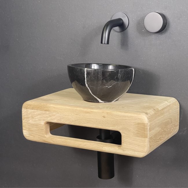 Como Fonteinset toilet Bliksem met eiken hout plank 12 x 24 x 42 cm. Incl. Mood 60 wastafelkraan inbouw met sifon en clickwaste in mat zwart.
