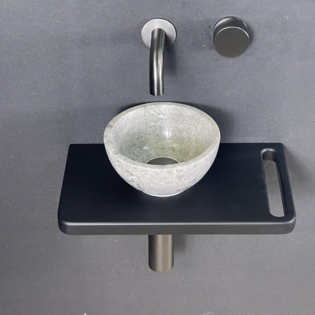 Como Fonteinset toilet Lecce zwart wastafelplank met marmer mini waskom 20cm