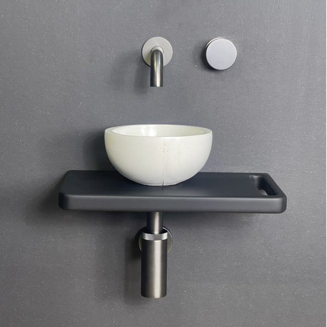 Como Fonteinset Lecce zwart, solid surface veneerlaag houten plank 42x22x2.7 cm met waskom toilet 20cm.