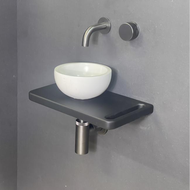 Como Fonteinset Lecce zwart, solid surface veneerlaag houten plank 42x22x2.7 cm met waskom toilet 20cm.